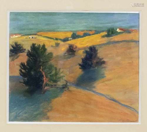 Unidentified artist, 1st half of the 20th century, hilly landscape, paspres and oil onpaper, a.
