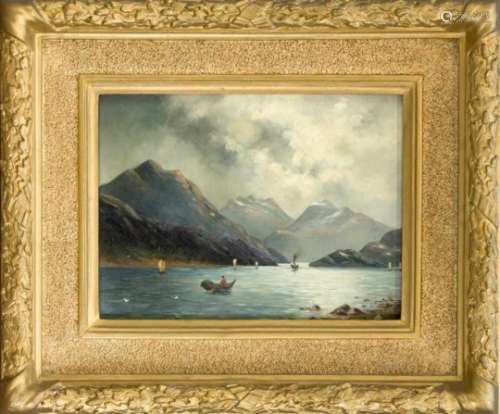 Anonymous 19th century landscape painter, fjord view with fishing boats, oil on canvas,unsigned,