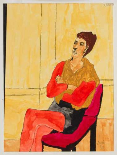Mixed lot of three paper works from the 2nd half of the 20th century, watercolor of aseated woman in