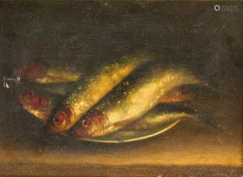 J.W. Miller, 19th century English painter, still life with fish on a plate, oil on canvas,u. re.
