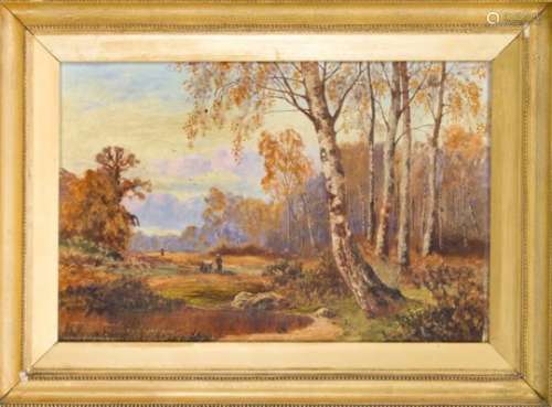 James Matthews, English landscape painter of the 19th century, autumn forest with birchtrees and