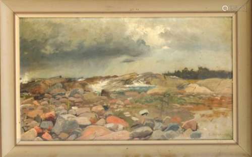 Erik Abrahamson (1871-1907), Swedish landscape and marine painter, rocky coastallandscape, oil on
