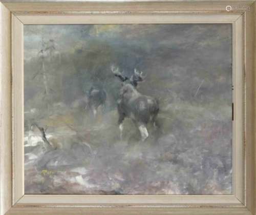 Signed Rooth, Scandinavian painter in the mid-20th century, elk in a blizzard, grisaillepainting