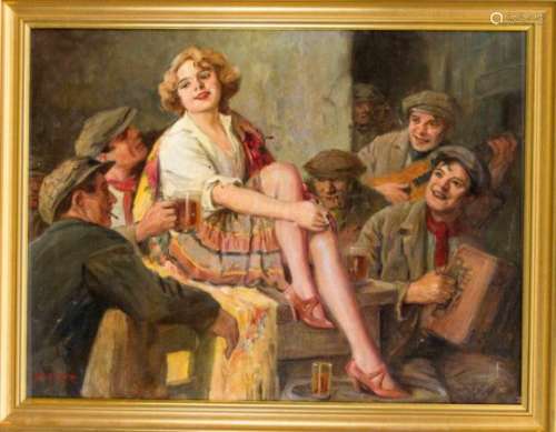 Richard Geiger (1870 / 82-1945), pub scene with men playing music, who huddles around asinging young