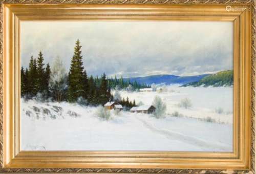 Ernst Aschenbach (1872-1954), Norwegian landscape painter, large winter landscape withspeckled