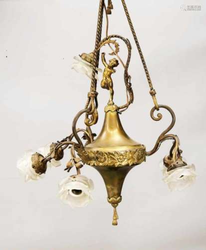 Deckenlampe, 20. Jh., Messinggestänge mit insg. sieben Birnenfassungen, Glasschirme inBlütenform,