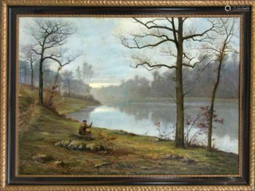 J. Lebon, French painter around 1900, very large landscape in the morning with a woodcollector