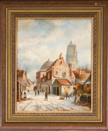 Anonymous view painter 2nd half of the 20th century, snow-covered old town on a sunny daywith