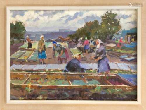 Russian painter of socialist realism 'around 1950, women in a nursery, oil on canvas,unsigned, on