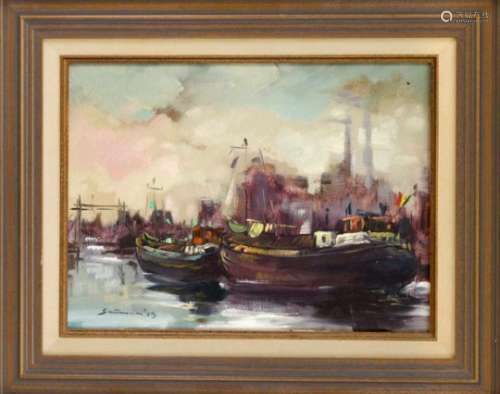 Unidentified painter 2nd half of the 20th century, industrial harbor, oil on canvas, u.left