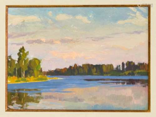Dimitri Potatouev (* 1938), Russian landscape painter, view over a lake in summer, oil