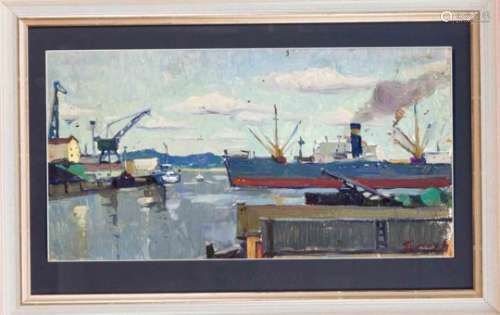Russian painter in the middle of the 20th century, view of the port of Arkhangelsk innorthern