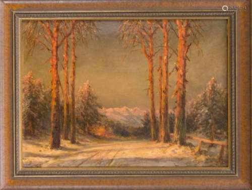 Daniel Sherrin (1868-1940), British landscape painter, snow-covered mountain path in theevening