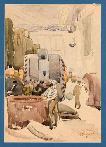 Petr Petrovic Belousov (1912-1989), Russian painter, view of a foundry, watercolor onpaper, u. re.