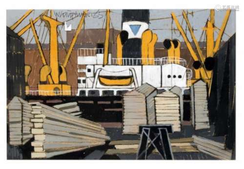 Sign. W. Hauptmeier, painter around 1960, large industrial landscape at the harbor,gouache on