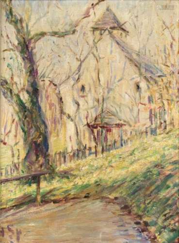 Monogrammist A. Sp., 1st half of the 20th century, chapel in impressionist landscape, oilon