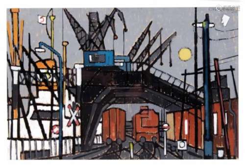 Signed by U. Hauptmeier, male around 1960, large industrial landscape with a freight yard,gouache on