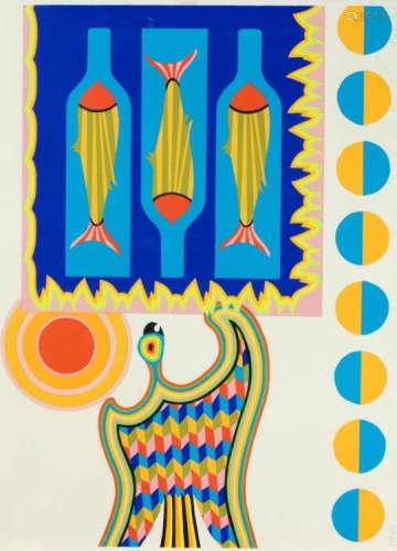 Heinz Trökes (1913-1997), large screenprint with fishes and bird, handsigned a. dat.(19)70, u. li.