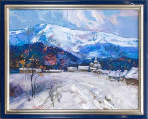 Russian landscape painter 2nd half of the 20th century, village in a snowy mountainlandscape, oil on