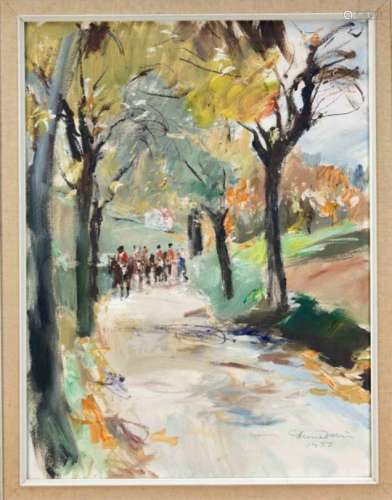 Unidentified painter in the mid 20th century, parforce hunter on a dirt road, study-likework in