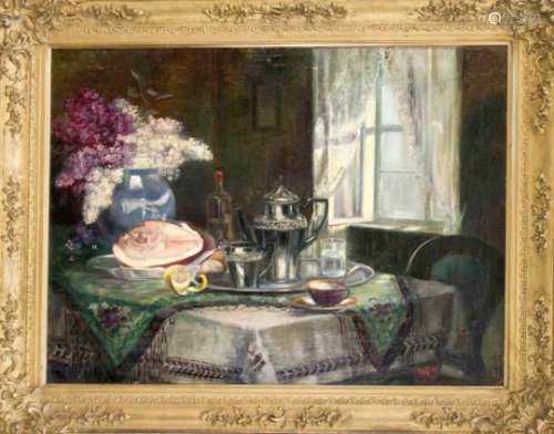 Marian, 1st half of the 20th century, large still life of a set table with a bouquet oflilacs at the