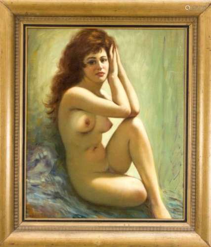 Sign. Henninger, painter 2nd half of the 20th century, seated, female nude, oil on canvas,u. left