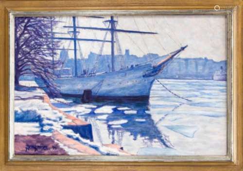 Bertil Lindgren, skandinavischer Maler Ende 20. Jh., vor Anker liegendes Segelboot mitstädtischer