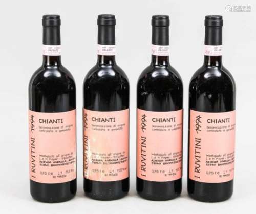 4 Flaschen Chianti i Ruvitini 1994, je 0,75 L, alle Füllstände 