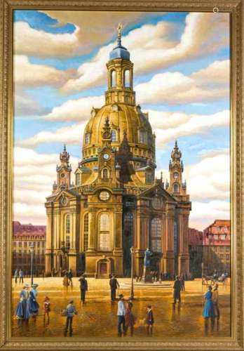 Anonymous artist of the 21st Century, monumental view of Dresden with the Frauenkirche andstaffage