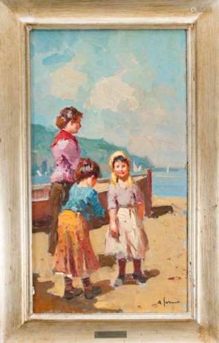 Alfonso Sarno, Italian genre painter 2nd half, 20th century, family on a summer day on thecoast,