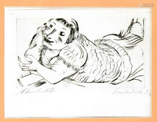 Paul Kleinschmidt (1883-1949), 2 drypoint etchings, 1) lying woman (Margarete?), Sign. u.left as