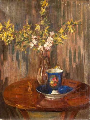 Anonymous still life painter around 1900, arrangement with flower vase and KPM cup, oil oncanvas,