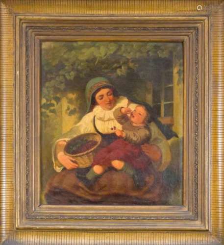 W. Senler (?), Painter at the end of the 19th century. Mother and child eating cherries,oil /