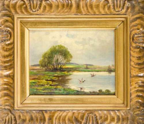 Paul Thomas (1868-1910), French landscape painter, landscape with flying ducks at thepond, oil /