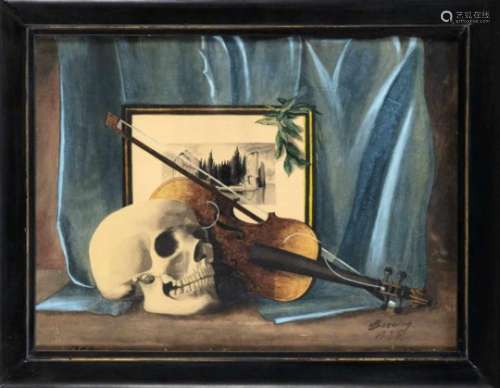 H. Boening, Memento mori Still Life 1906, arrangement with skull and violin in front of agraphic