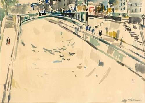 Oskar Koller (1925-2004), impressionistic representation of an urban canal bridge,watercolor on