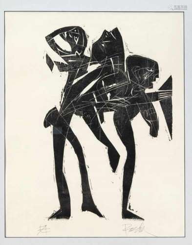 Unidentified artist around 1970, three dancing figures, woodcut in the style of HAPGrieshaber, u.