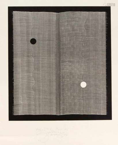 Unidentified, probably Polish artist of op art, screenprint with net form and two circles,on the