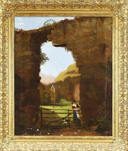 Austrian School middle 1st half of the 19th century, alpine landscape with ruins of aformer