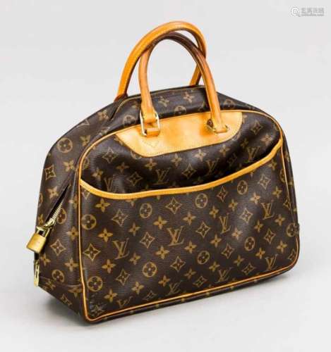 Louis Vuitton Handtasche, Frankreich, 20. Jh., braunes genarbtes Leder mit Logoprint,goldfarbene