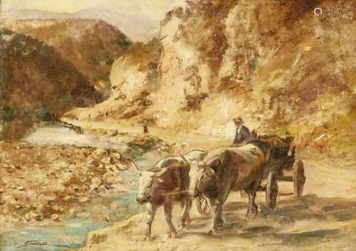 Unidentified artist around 1900, felsgie landscape with oxcart, Ö auf Lwd., U. li.indistinctly