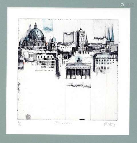 Contemporary graphic artist, Capriccio von Berlin with various architectural monuments,aquatint