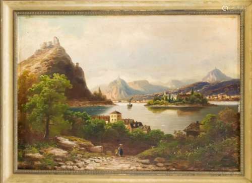 Anonymous landscape painter at the end of the 19th century, ideal river landscape withcastles and