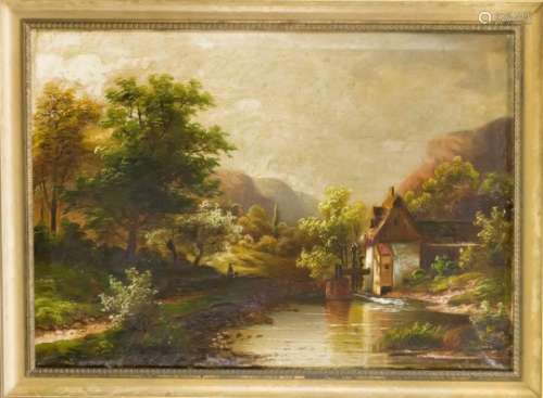 Anonymous landscape painter late 19th century, ideal landscape with watermill, oil oncanvas,