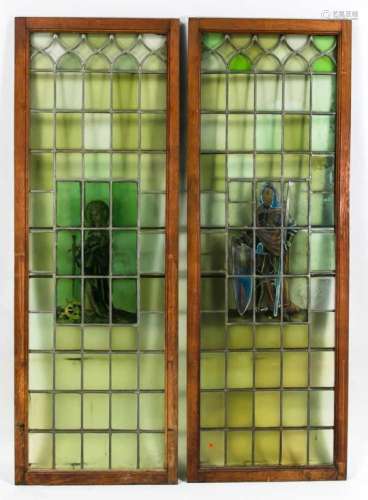 Zwei Bleiglasfenster um 1900, grünliches Glas, mittig gemalte männliche und