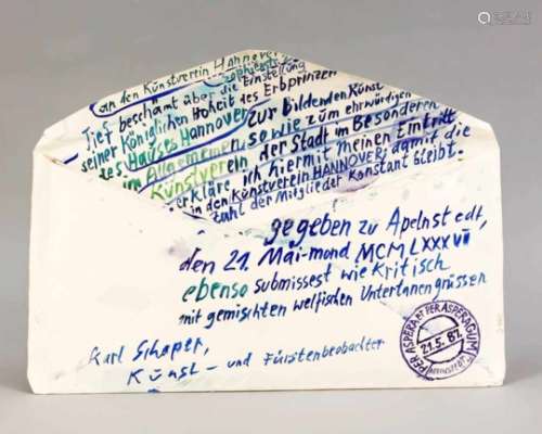 Schaper, Karl Briefobjekt aus Pappe (An den Kunstverein Hannover - 1987). Auf derInnenseite des