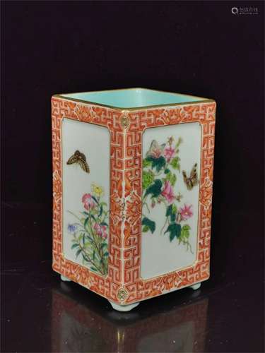 A Chinese Famille-Rose Porcelain Square Brush Pot