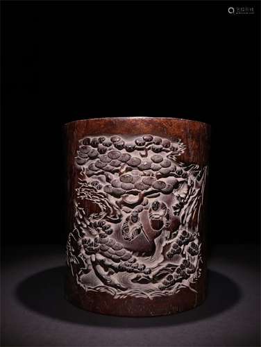 A Chinese Carved Hardwood Brush Pot