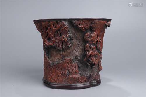 A Chinese Carved Hardwood Brush Pot