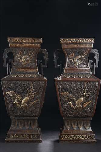 A Pair of Chinese Gilt Bronze Square Vases